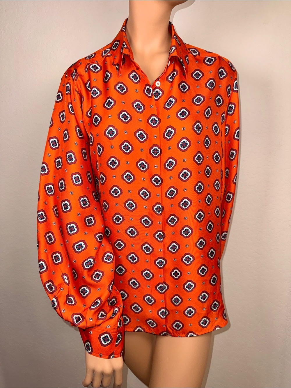 Alberto Biani Silk Blouse Orange Print Wide Sleeve Italy 42